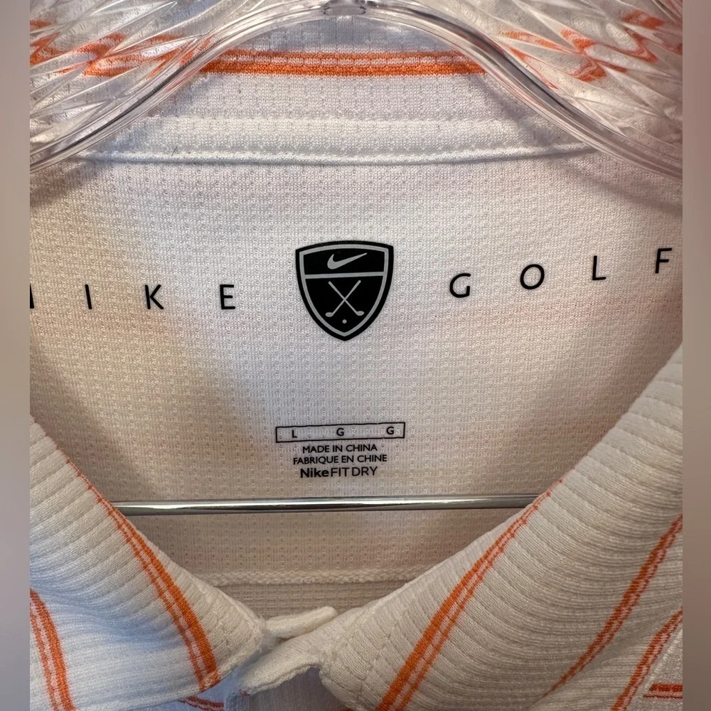 Nike Golf Size‎ Large Polo Shirt Textured Knit White Orange Striped Short Sleeve